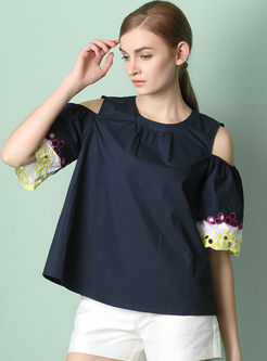 Embroidered Pure Color Off Shoulder Blouse