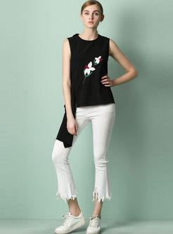 Asymmetry Embroidered Pure Color Sleeveless T-shirt