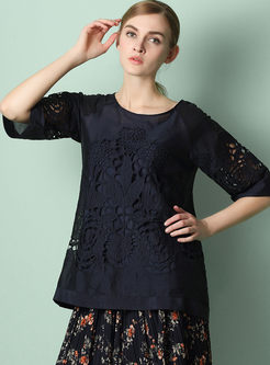 Embroidered Pure Color Half Sleeve Blouse With Camis