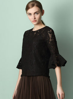 Pure Color Lace Flare Sleeve Blouse With Camis