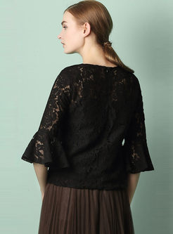 Pure Color Lace Flare Sleeve Blouse With Camis