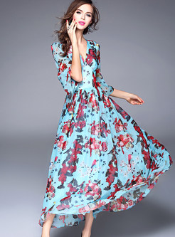Sweet V-neck Print Flare Sleeve Maxi Dress