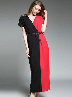 Elegant Hit Color Stitching Chiffon Maxi Dress