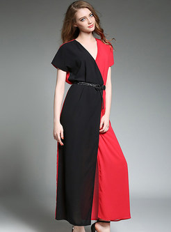 Elegant Hit Color Stitching Chiffon Maxi Dress