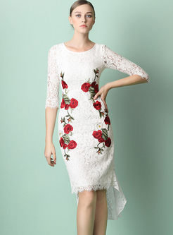 Vintage Embroidered Lace Half Sleeve Bodycon Dress