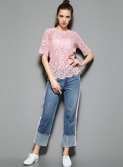 Crystal Lace Half Sleeve Blouse & Fashion Wide Leg Pants