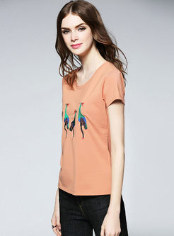 Embroidered Slim O-neck Short Sleeve T-shirt