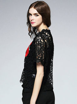 Sexy Lace Hollow Out Short Sleeve T-shirt With Camis