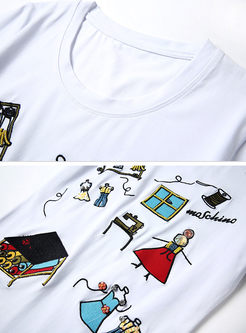 Embroidered O-neck Short Sleeve T-shirt