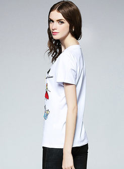 Embroidered O-neck Short Sleeve T-shirt