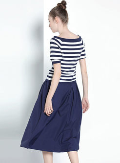 Stripe O-neck Half Sleeve Tops & Pure Color Skirt