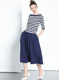 Stripe O-neck Half Sleeve Tops & Pure Color Skirt
