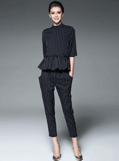 Stripe Falbala Stand Collar Half Sleeve Two-piece Outfits