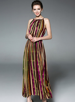 Bohemia Color-blocked Stripe Elastic Waist Maxi Dress