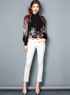 Print Long Sleeve Sheer Blouse With Cami Tops