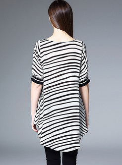 Fashion Stripe Asymmetric Lantern Sleeve T-Shirt