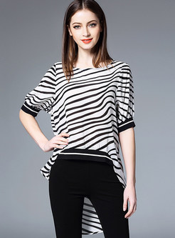 Fashion Stripe Asymmetric Lantern Sleeve T-Shirt
