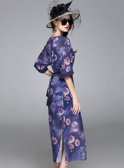 Ethnic Floral Print Half Sleeve Bodycon Dress With Camis