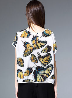 Silk Butterfly Print Short Sleeve T-shirt