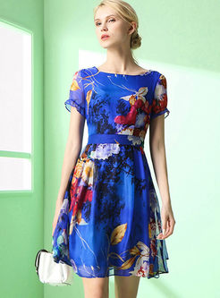 Floral Print Silk Short Sleeve Skater Dress