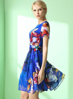 Floral Print Silk Short Sleeve Skater Dress