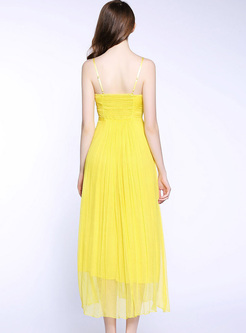 Yellow Elegant Mesh Patch Long Slip Dress