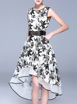 Elegant O-neck Sleeveless Print Asymmetric Skater Dress