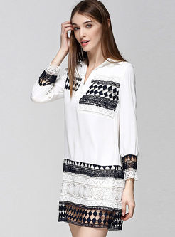 Hollow Out Turn Down Collar Long Sleeve Shift Dress