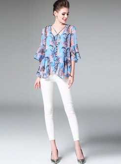 Fashion V-neck Print Flare Sleeve Blouse With Camis