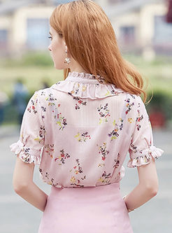 Brief Print Stand Collar Flare Sleeve Blouse With Camis