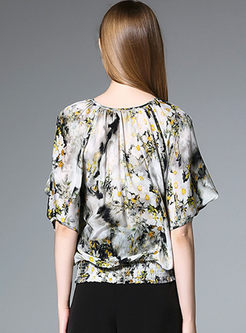 Causal Floral Print Silk Short Sleeve T-shirt