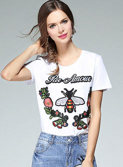 Embroidered Cotton O-neck Short Sleeve T-shirt