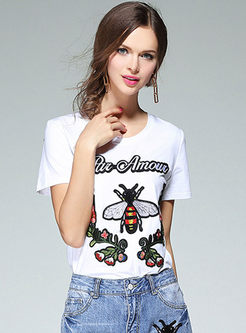 Embroidered Cotton O-neck Short Sleeve T-shirt