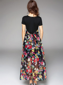 Elegant O-neck Stitching Print Maxi Dress