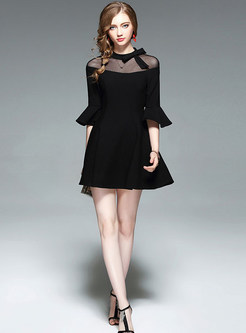Sexy Mesh Bowknot Patch Flare Sleeve Skater Dress