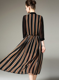 Elegant Stripe Stitching Print Skater Dress