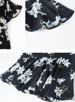 Slim Flower Print Flare Sleeve Mermaid Dress