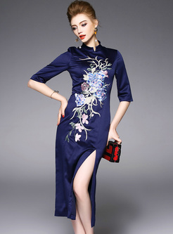 Vintage Embroidery Split Stand Collar Bodycon Dress