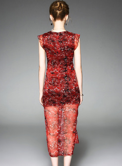 Chic Floral Print Slim Split Bodycon Dress