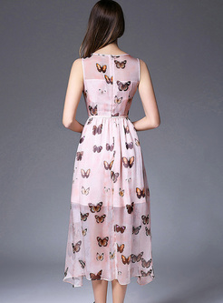 Chic Butterfly Print Sleeveless Maxi Dress