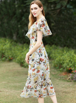 Bohemia Sleeve-caped Floral Print Skater Dress