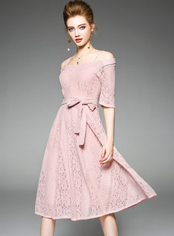 Elegant Pink Waist Slash Neck Skater Dress