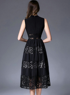 Black Hollow Lace Sleeveless Skater Dress