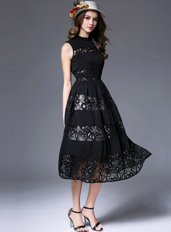 Black Hollow Lace Sleeveless Skater Dress