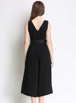 Black Sexy V-neck Bead Jumpsuit With Belt