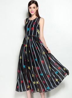 Plaid Star Print Nail Bead Sleeveless Skater Dress