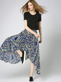 Casual Pure Color Tops & Bohemian Print Skirt