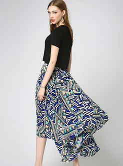Casual Pure Color Tops & Bohemian Print Skirt