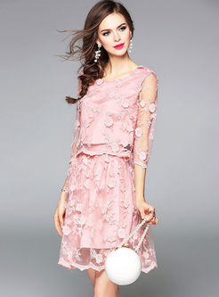 Stylish Mesh Embroidered Three Quarters Sleeve Two-piece Outfits