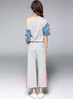 Stylish Hole Stitching T-shirt & Causal Straight Pants
